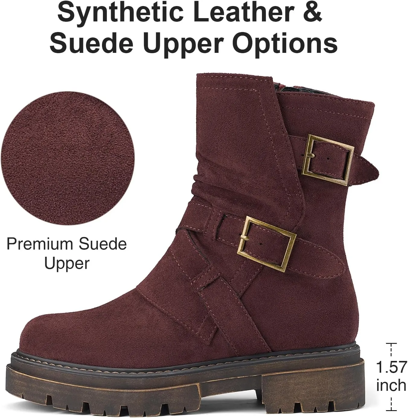 Women's Biker Boots Motorcycle Boots Buckle Mid Calf Boots Low Heel Combat Riding Military Boots for Women