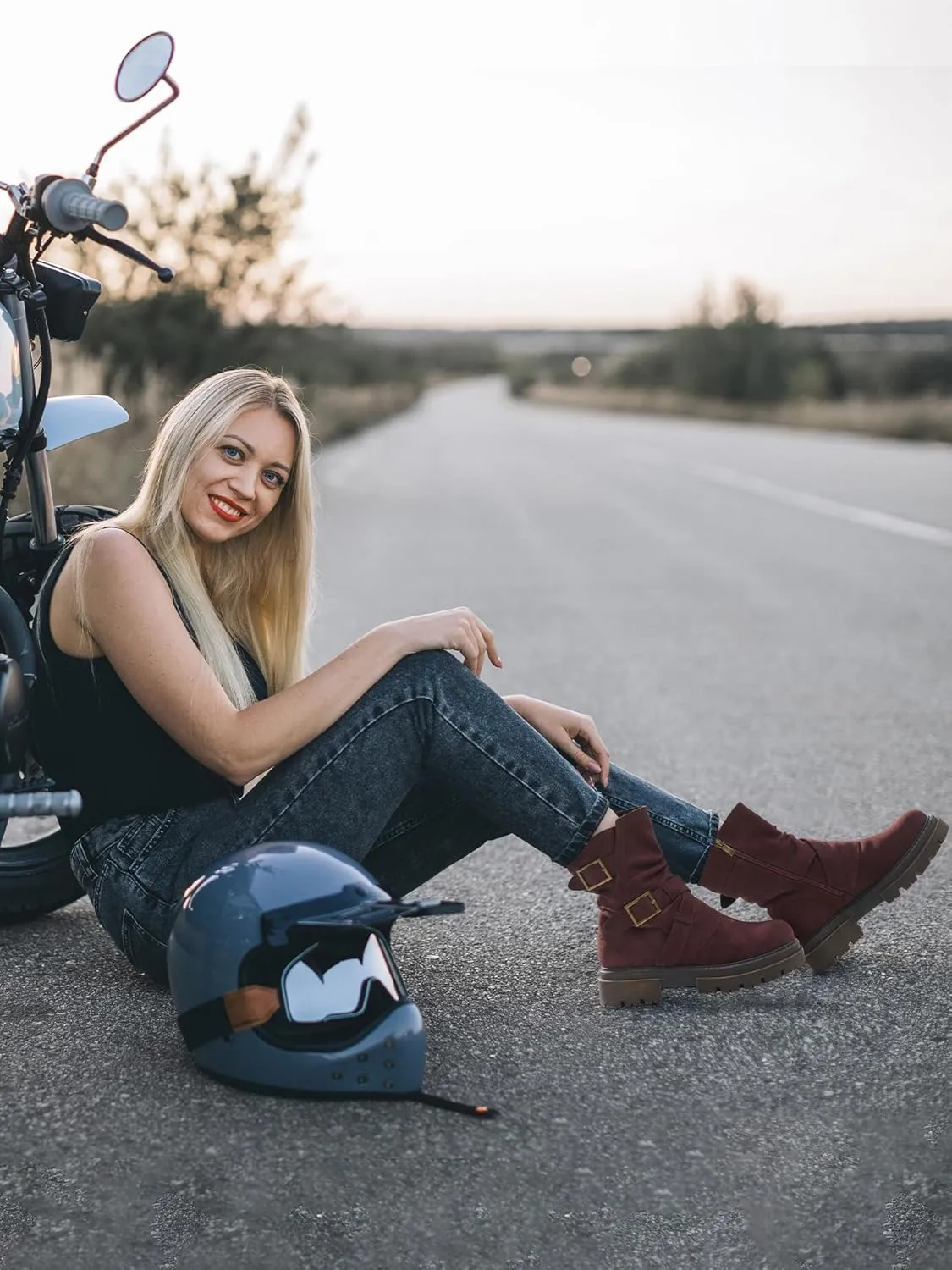 Women's Biker Boots Motorcycle Boots Buckle Mid Calf Boots Low Heel Combat Riding Military Boots for Women