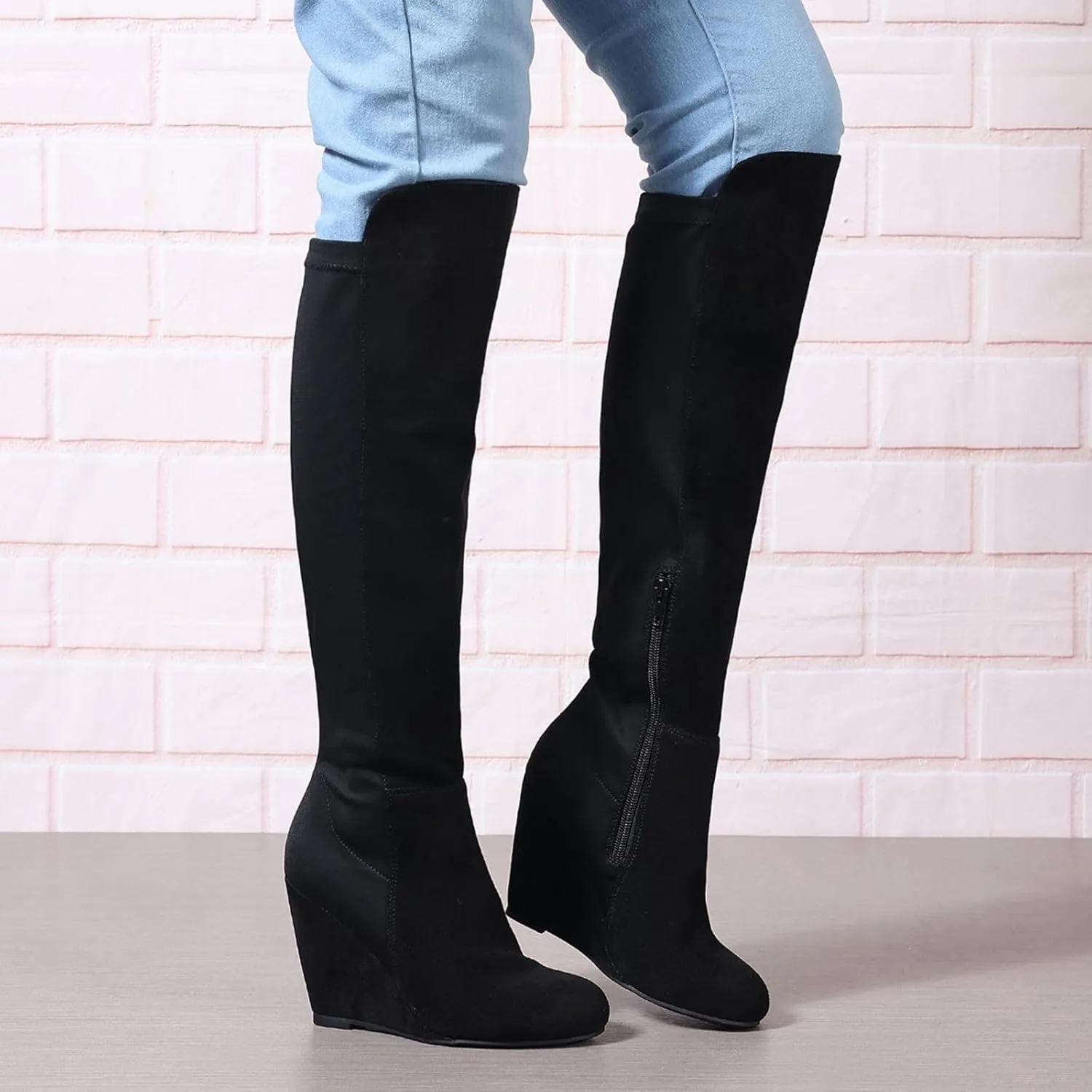 Womens Boots Knee High Wide Calf Stretchy Tall Boots Wedge Heel Comfortable Round Toe Fashion Dressy Boot, US Size 6-11