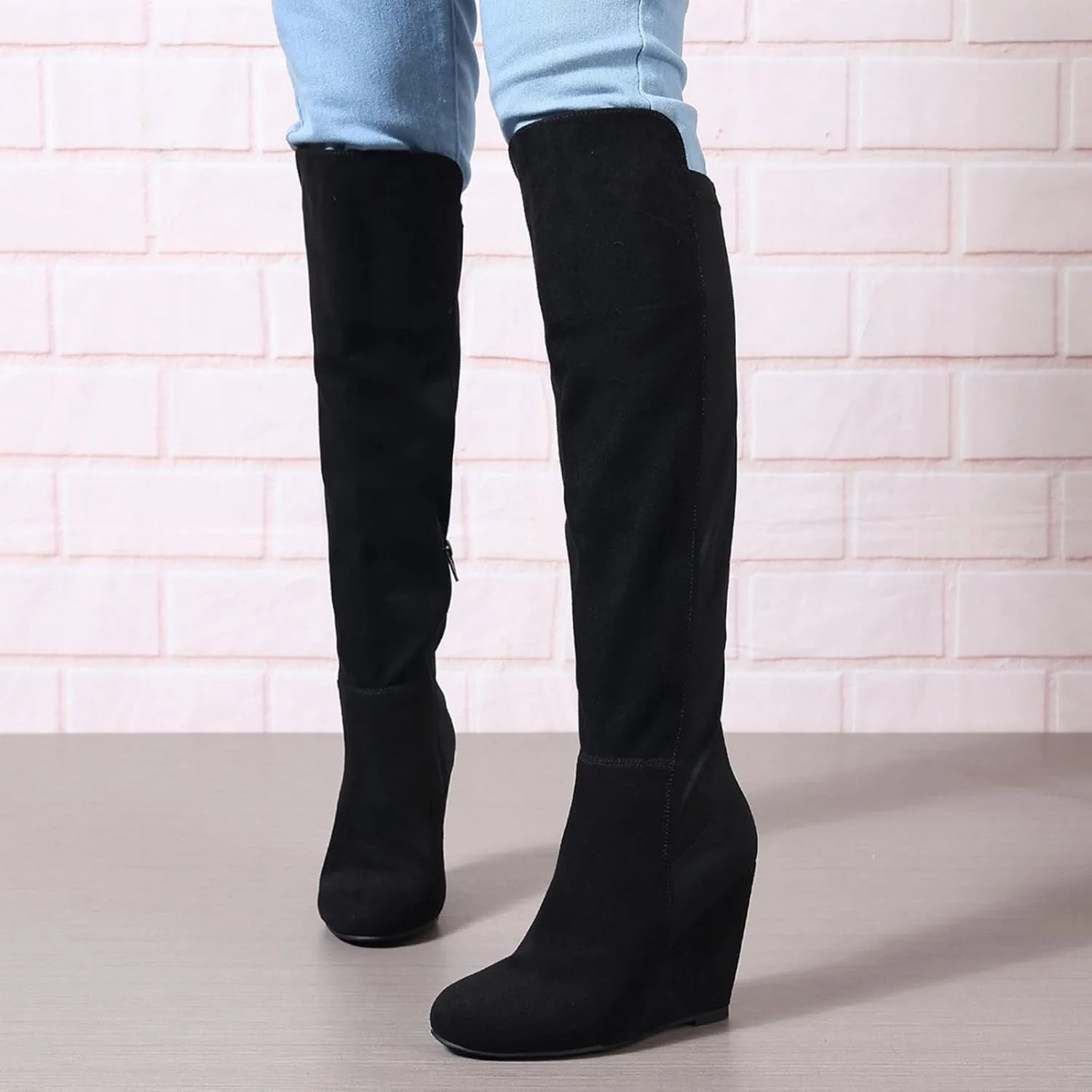 Womens Boots Knee High Wide Calf Stretchy Tall Boots Wedge Heel Comfortable Round Toe Fashion Dressy Boot, US Size 6-11