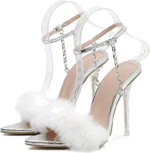 Women's Casual High Heels Sandals, Fashionable Feather Ankle Strap, Open Toe Dress, Sandals