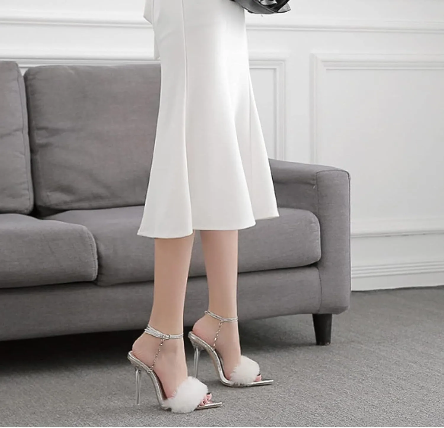 Women's Casual High Heels Sandals, Fashionable Feather Ankle Strap, Open Toe Dress, Sandals