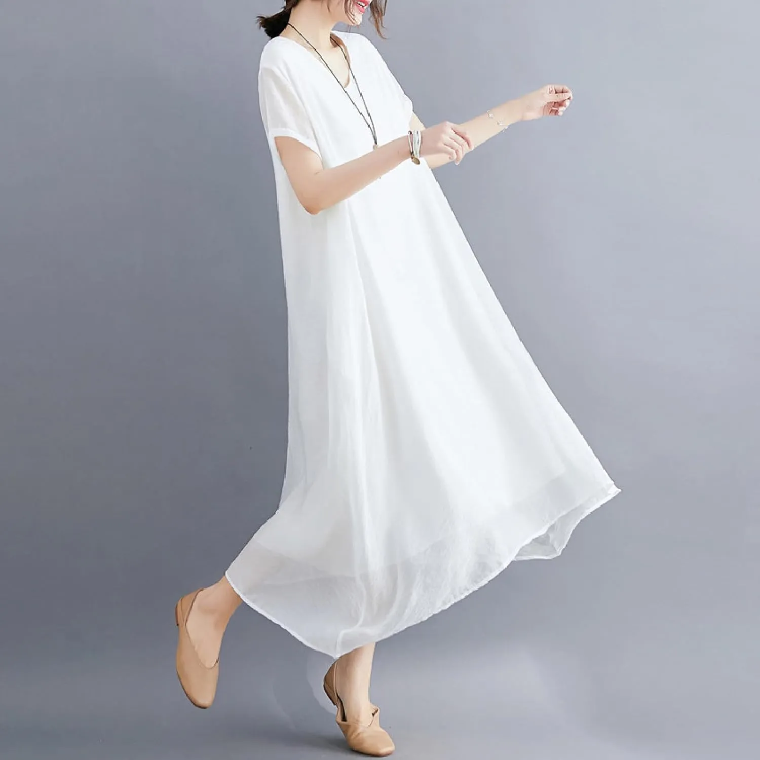 Women's Casual Pajama Solid Color Dress Round Neck Long Dresses Loose Fit Comfortable Midi Skirt Home Daily