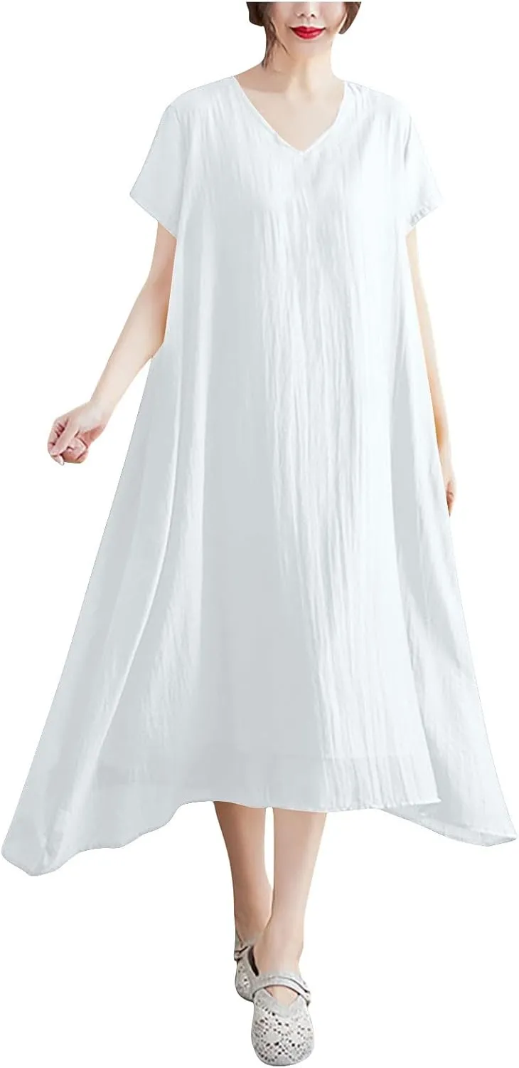 Women's Casual Pajama Solid Color Dress Round Neck Long Dresses Loose Fit Comfortable Midi Skirt Home Daily