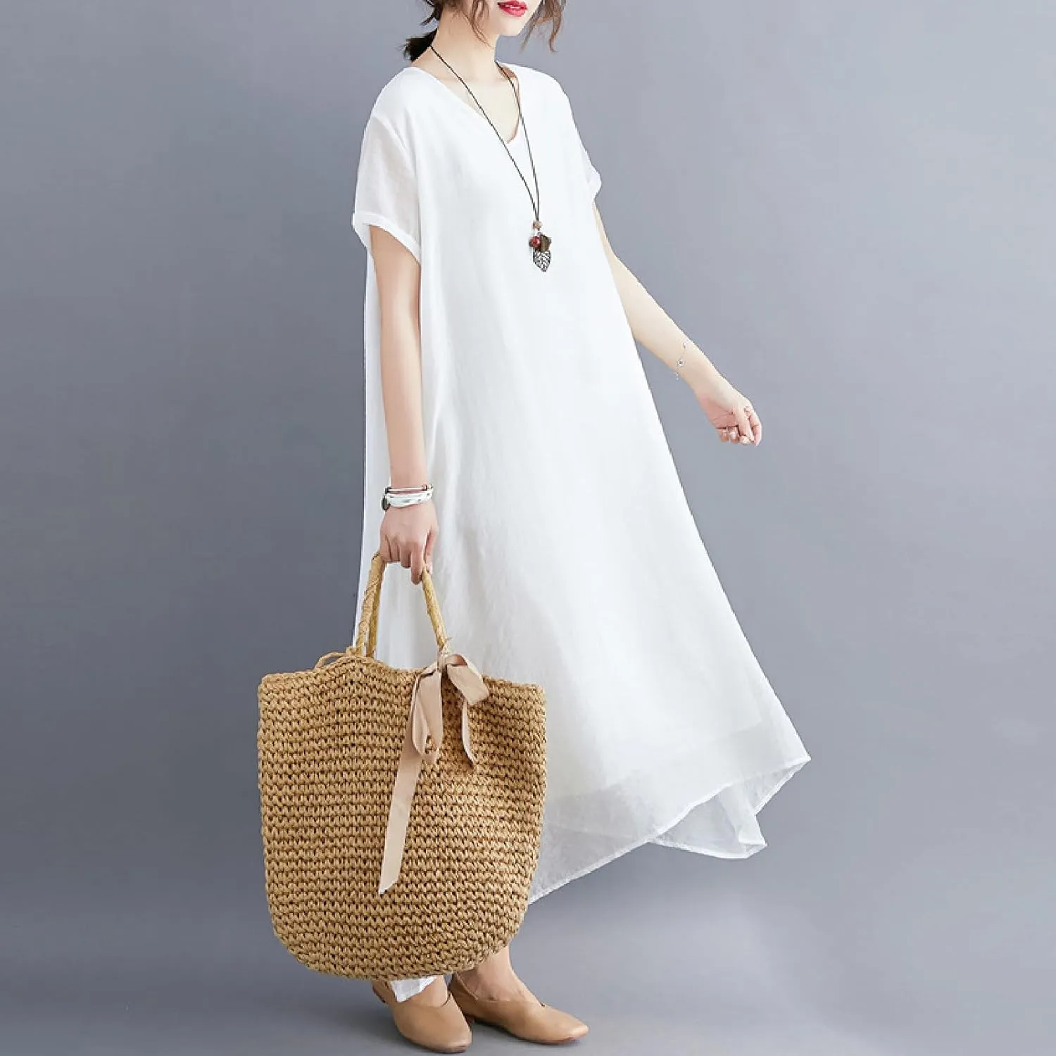 Women's Casual Pajama Solid Color Dress Round Neck Long Dresses Loose Fit Comfortable Midi Skirt Home Daily