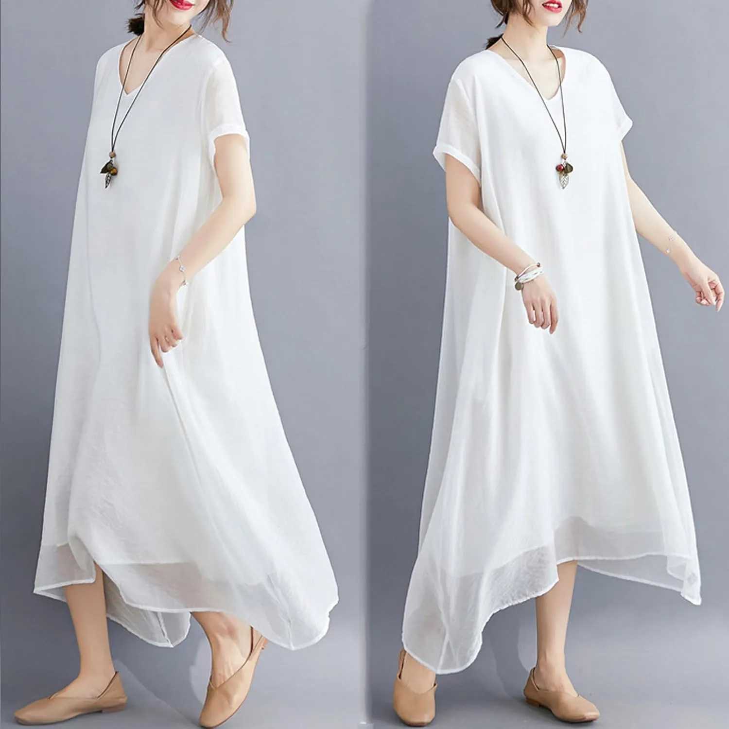 Women's Casual Pajama Solid Color Dress Round Neck Long Dresses Loose Fit Comfortable Midi Skirt Home Daily