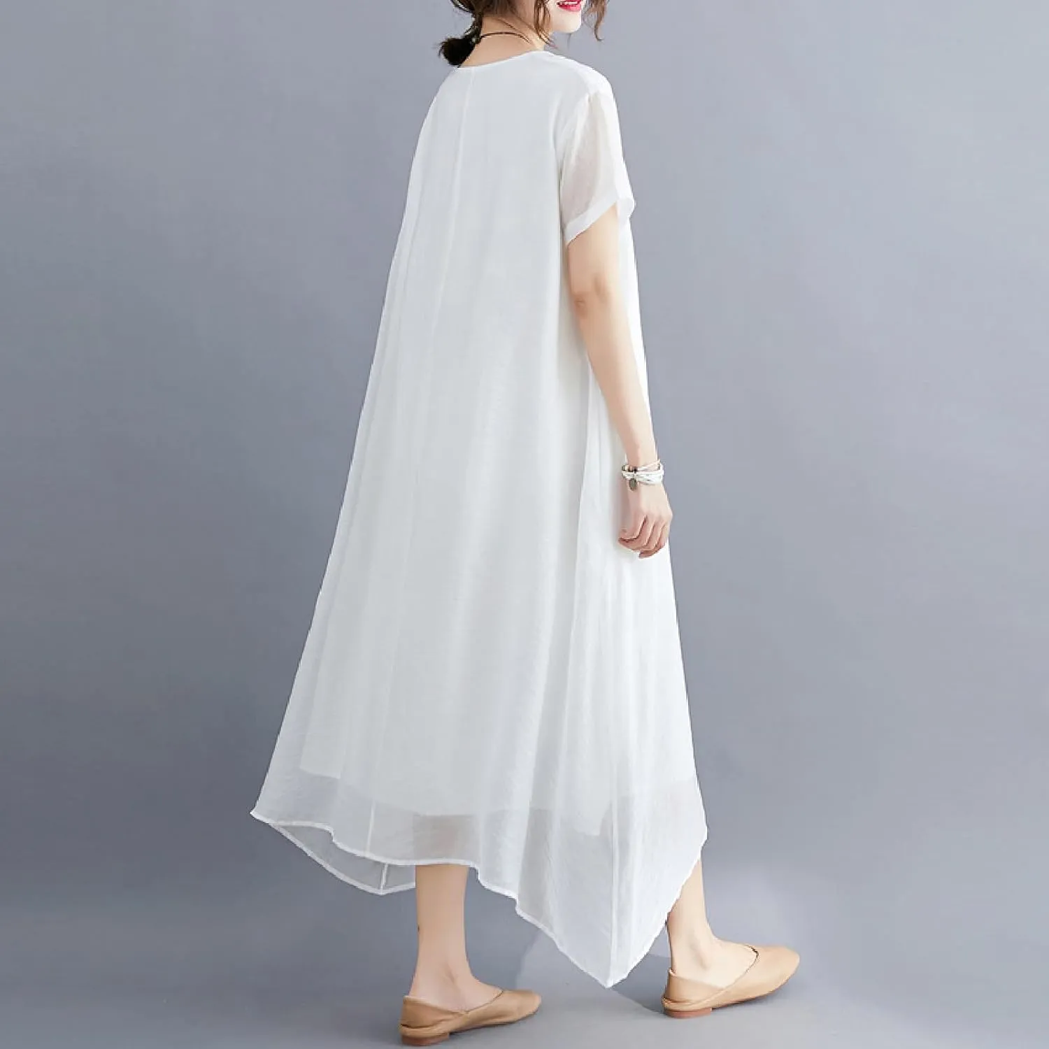 Women's Casual Pajama Solid Color Dress Round Neck Long Dresses Loose Fit Comfortable Midi Skirt Home Daily
