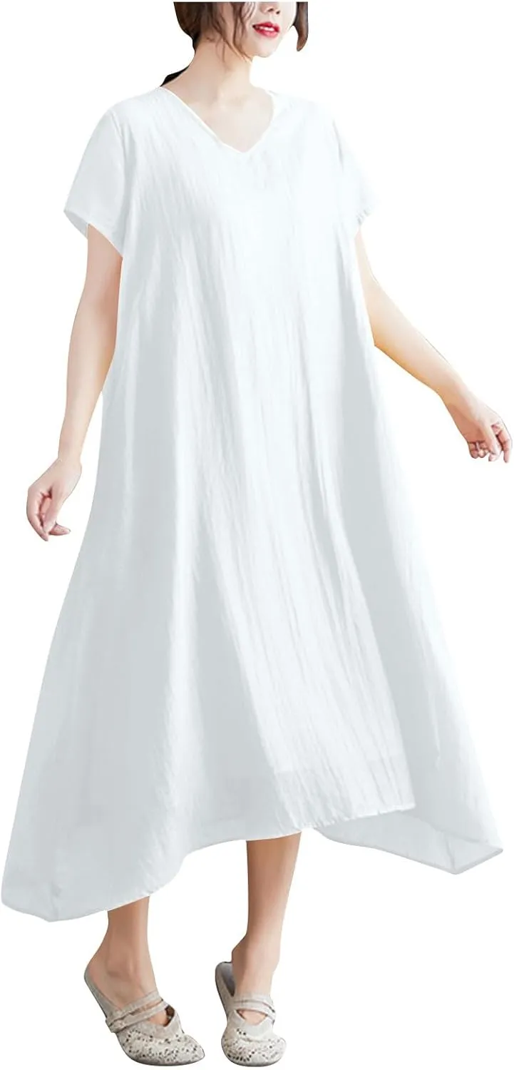 Women's Casual Pajama Solid Color Dress Round Neck Long Dresses Loose Fit Comfortable Midi Skirt Home Daily
