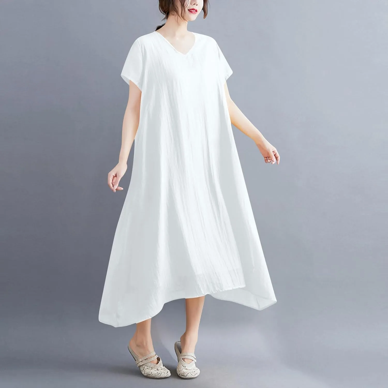 Women's Casual Pajama Solid Color Dress Round Neck Long Dresses Loose Fit Comfortable Midi Skirt Home Daily