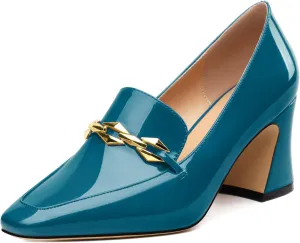 Womens Chunky Block Mid Heel,Patent Square Toe Pumps Slip-on Loafers Shoes Office Basic Classic Shoes 2.5IN