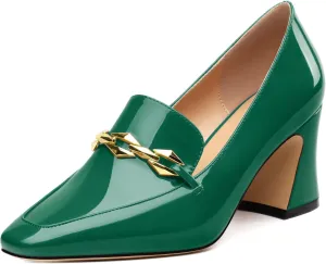Womens Chunky Block Mid Heel,Patent Square Toe Pumps Slip-on Loafers Shoes Office Basic Classic Shoes 2.5IN