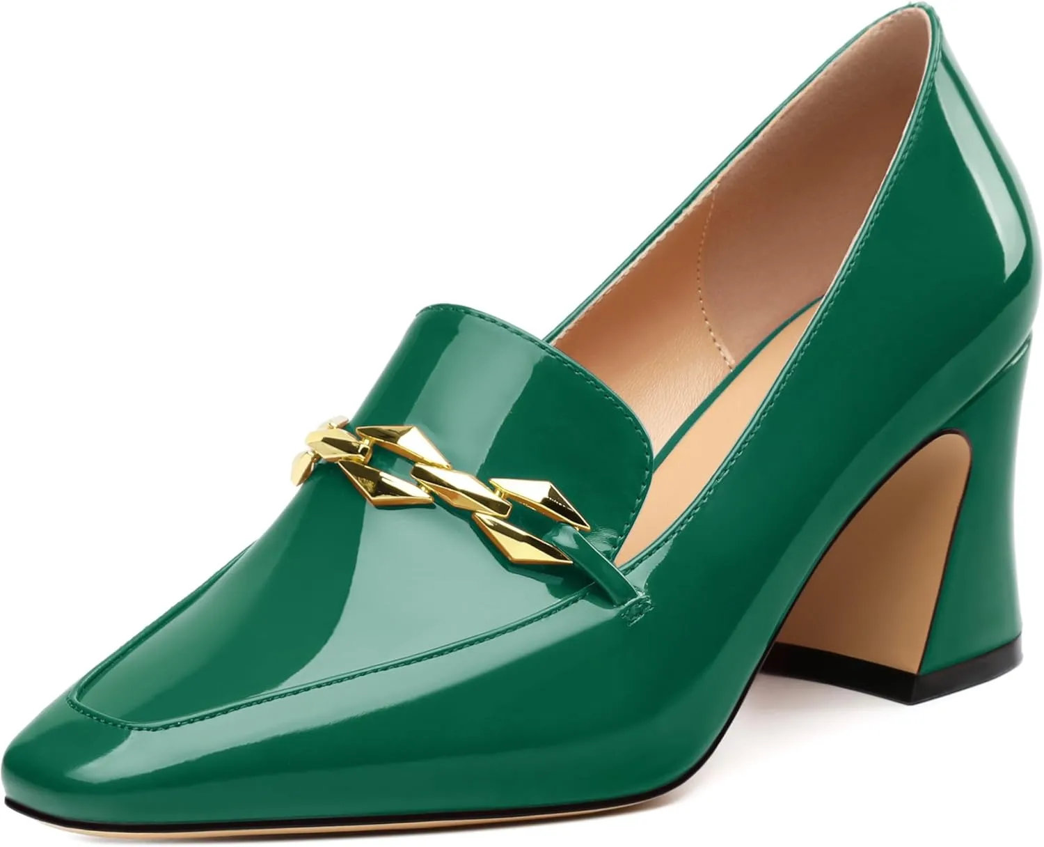 Womens Chunky Block Mid Heel,Patent Square Toe Pumps Slip-on Loafers Shoes Office Basic Classic Shoes 2.5IN