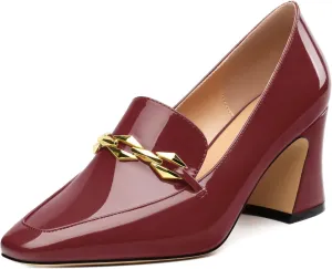 Womens Chunky Block Mid Heel,Patent Square Toe Pumps Slip-on Loafers Shoes Office Basic Classic Shoes 2.5IN