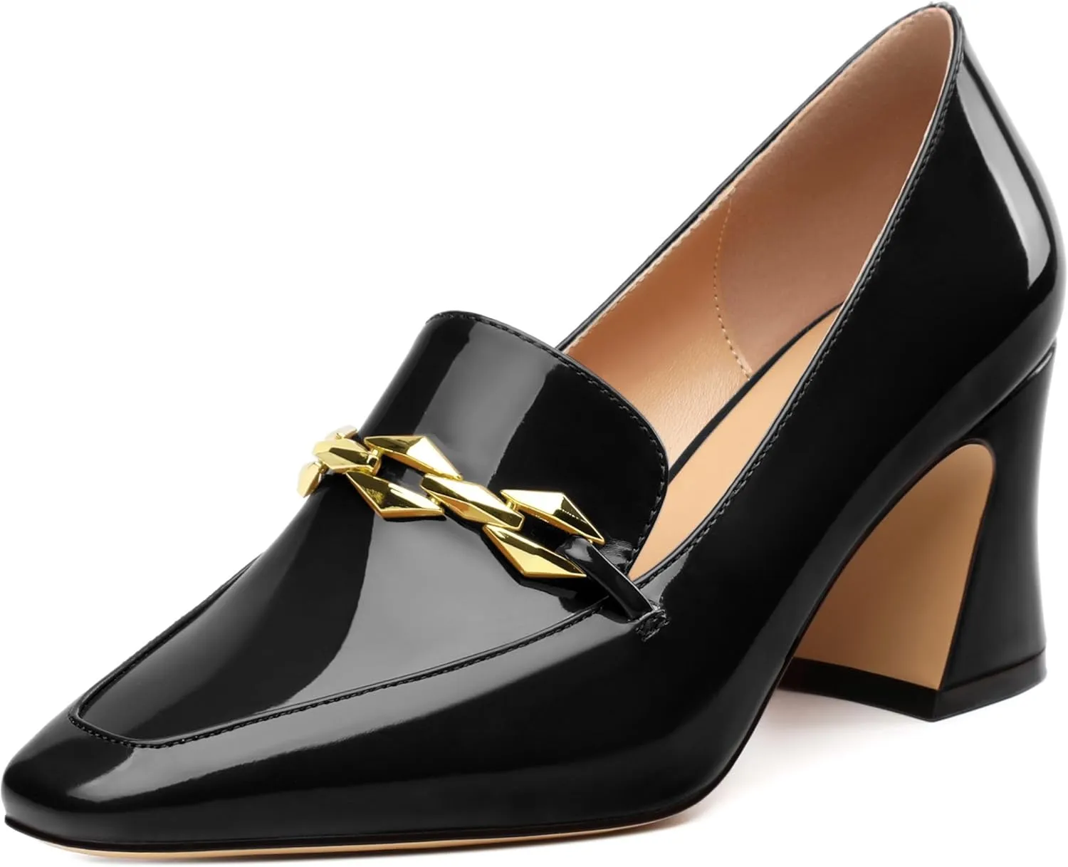 Womens Chunky Block Mid Heel,Patent Square Toe Pumps Slip-on Loafers Shoes Office Basic Classic Shoes 2.5IN