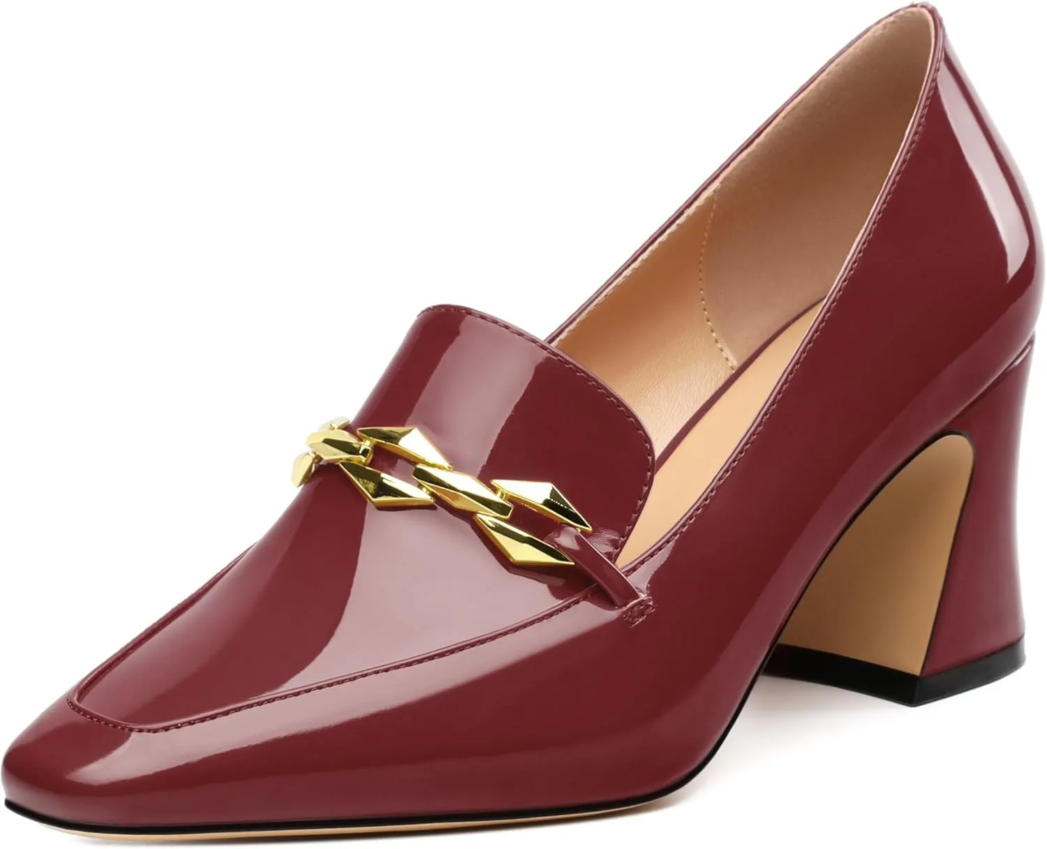 Womens Chunky Block Mid Heel,Patent Square Toe Pumps Slip-on Loafers Shoes Office Basic Classic Shoes 2.5IN