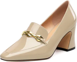 Womens Chunky Block Mid Heel,Patent Square Toe Pumps Slip-on Loafers Shoes Office Basic Classic Shoes 2.5IN