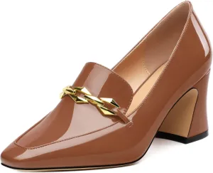 Womens Chunky Block Mid Heel,Patent Square Toe Pumps Slip-on Loafers Shoes Office Basic Classic Shoes 2.5IN