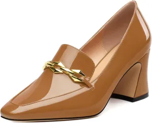 Womens Chunky Block Mid Heel,Patent Square Toe Pumps Slip-on Loafers Shoes Office Basic Classic Shoes 2.5IN