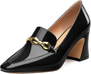 Womens Chunky Block Mid Heel,Patent Square Toe Pumps Slip-on Loafers Shoes Office Basic Classic Shoes 2.5IN