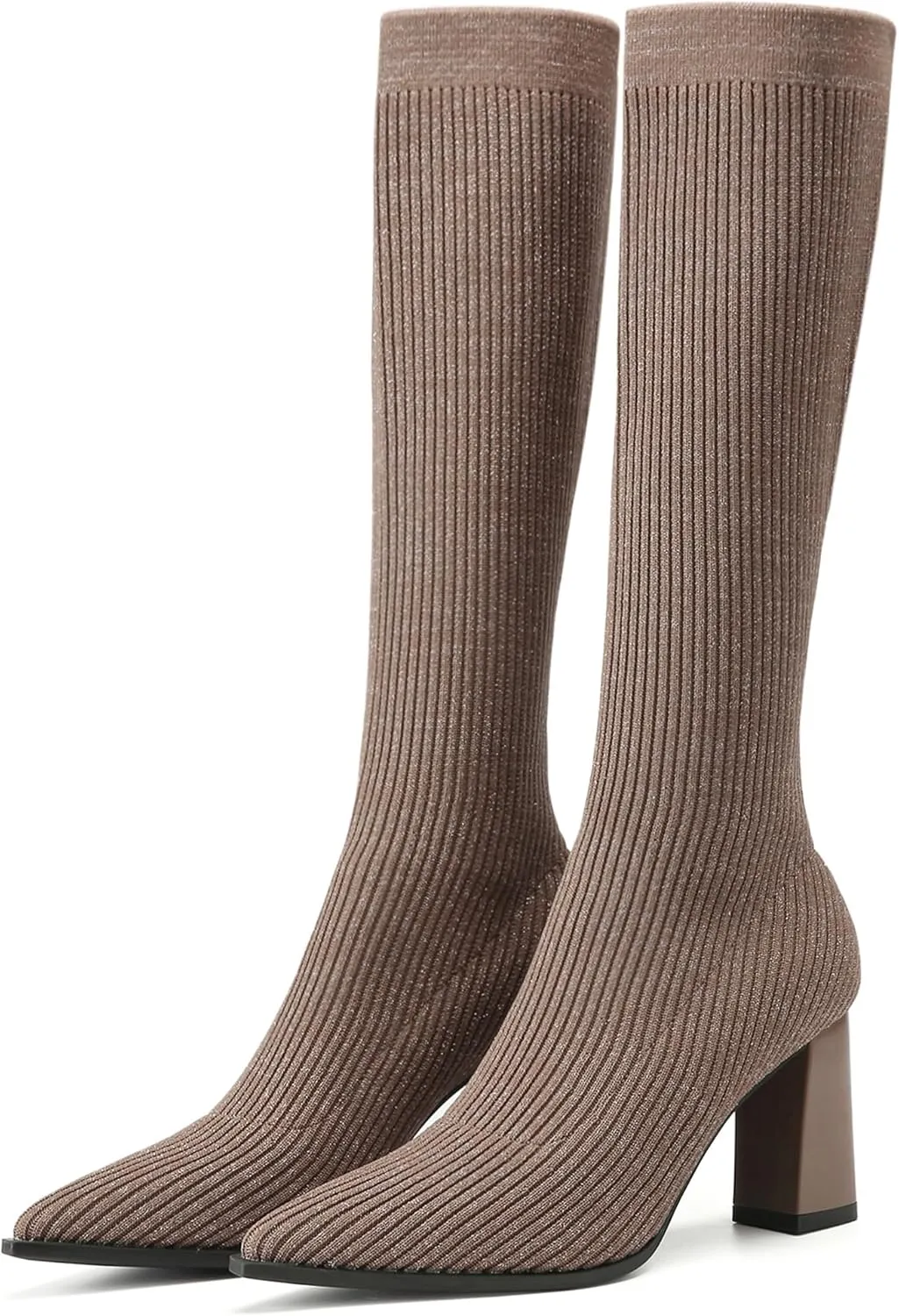 Women's Chunky Heel Boots, Knit Comfort High Boots, Minimalist Style, Rubber Sole