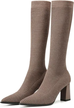 Women's Chunky Heel Boots, Knit Comfort High Boots, Minimalist Style, Rubber Sole