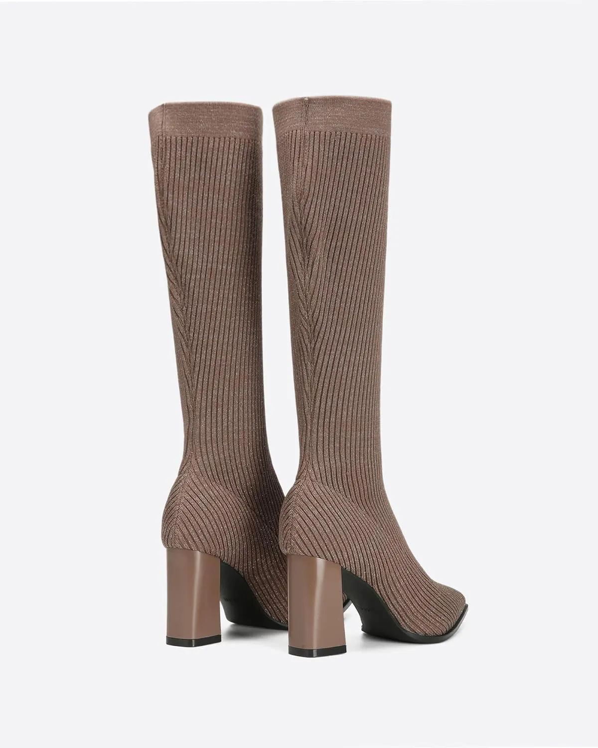 Women's Chunky Heel Boots, Knit Comfort High Boots, Minimalist Style, Rubber Sole