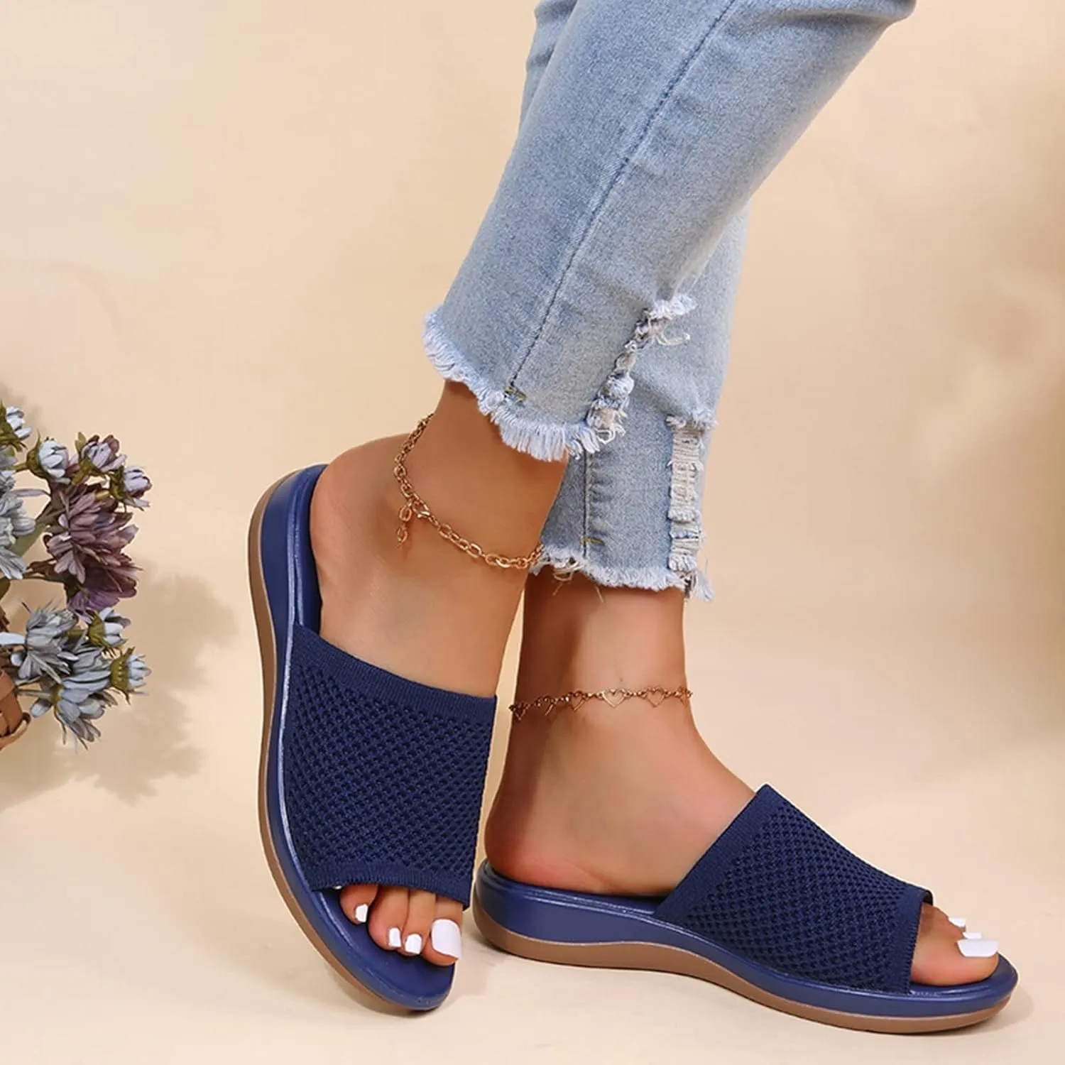 Womens Comfort Wedge Slide Sandals Summer Open Toe Slippers Soft Feetbed Slip on Walking Shoes Breathable Mesh Slides Mules Shoes,Blue,US10/EU41