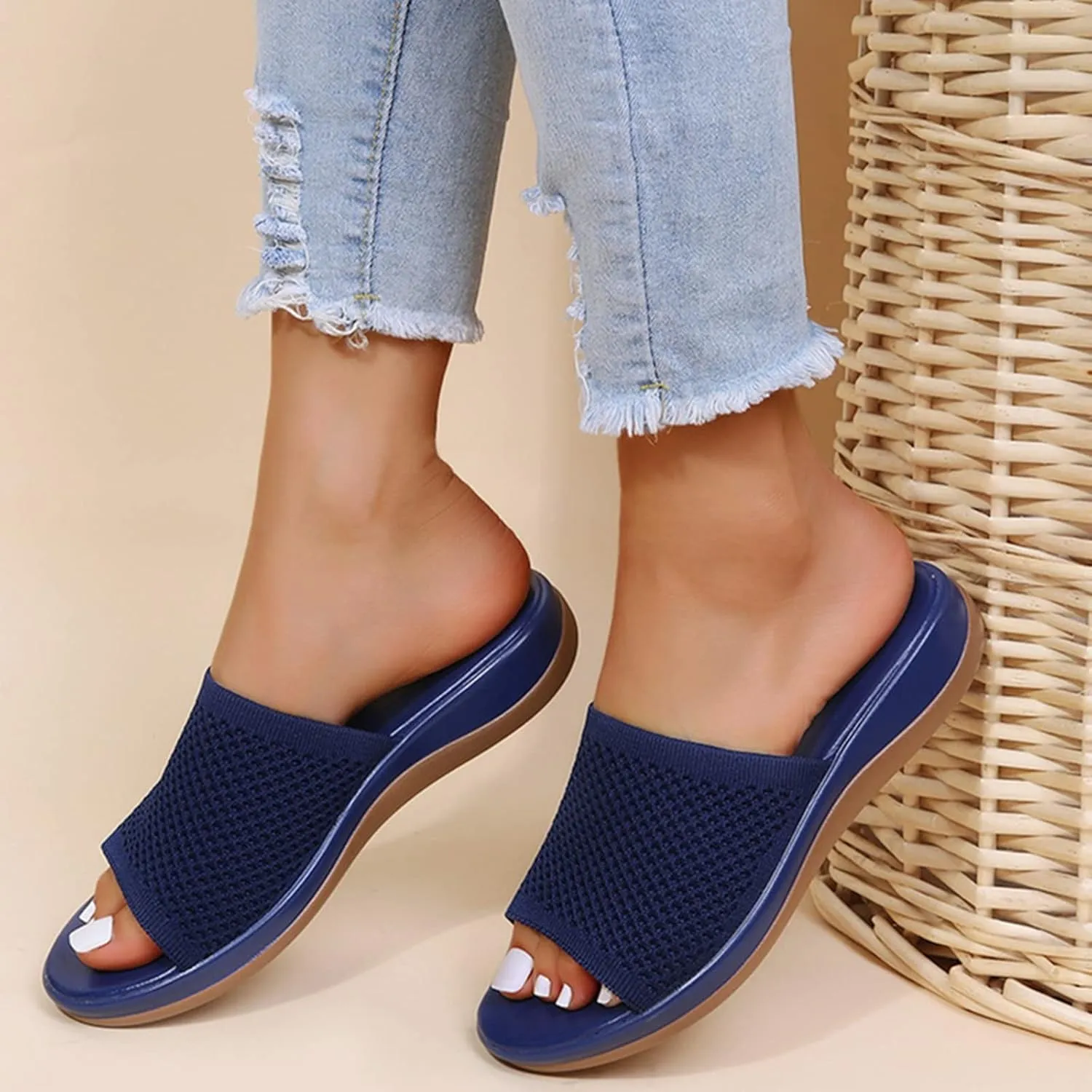 Womens Comfort Wedge Slide Sandals Summer Open Toe Slippers Soft Feetbed Slip on Walking Shoes Breathable Mesh Slides Mules Shoes,Blue,US10/EU41