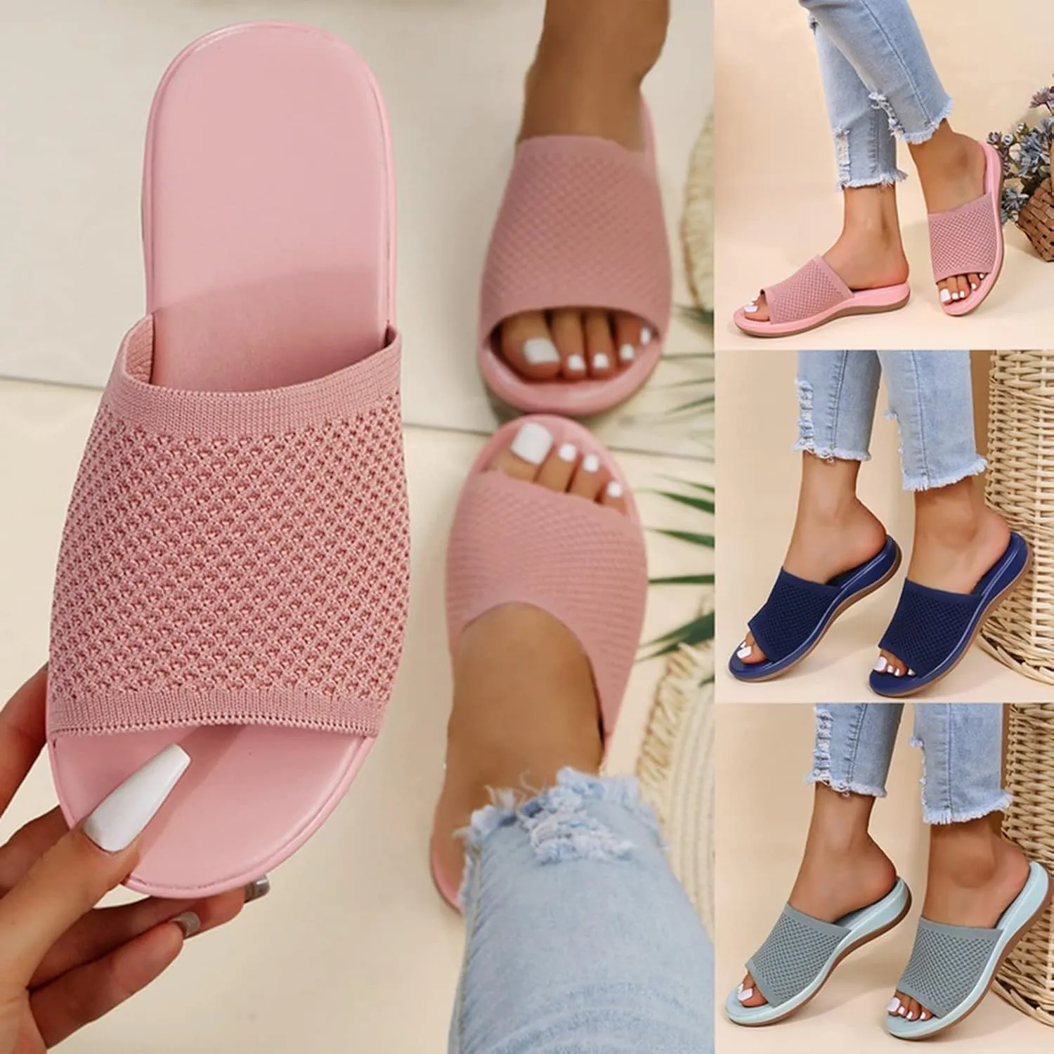 Womens Comfort Wedge Slide Sandals Summer Open Toe Slippers Soft Feetbed Slip on Walking Shoes Breathable Mesh Slides Mules Shoes,Blue,US10/EU41