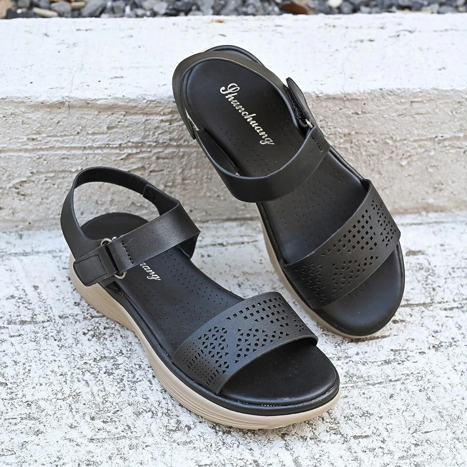 Women's Comfortable Walking Sandals Air Cushion Sport Slingback Elastic Band Platform Shoes Women Toe Ring Sandals