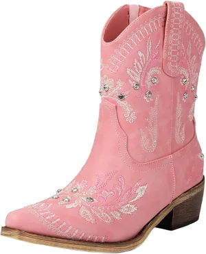 Women's Cowboy Ankle Boots Western Booties with Sparkly Rhinestone Low Heel
