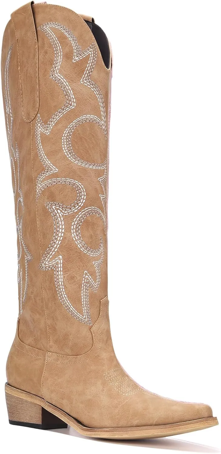 Women's Cowboy Boots Knee High Pointy Toe Western Boots Side Zipper Chunky Heel Cowgirl Boots White