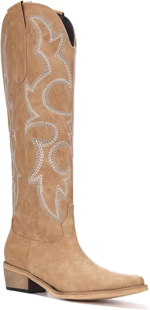 Women's Cowboy Boots Knee High Pointy Toe Western Boots Side Zipper Chunky Heel Cowgirl Boots White