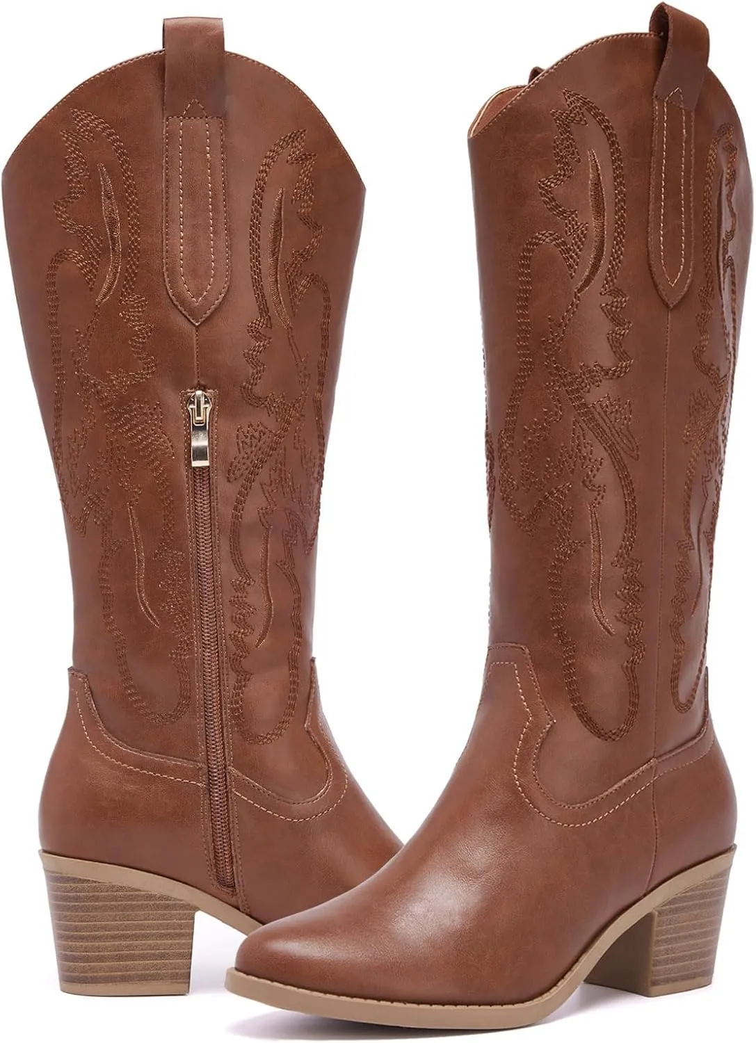 Women's Cowboy Boots Knee High with Side Zipper Wide Calf Cowgirl Boots Comfortable Western Classic Embroidered Pointy Toe Fashion Retro Classic Pull On Tall Boot Fall Winter