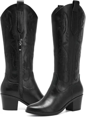 Women's Cowboy Boots Knee High with Side Zipper Wide Calf Cowgirl Boots Comfortable Western Classic Embroidered Pointy Toe Fashion Retro Classic Pull On Tall Boot Fall Winter