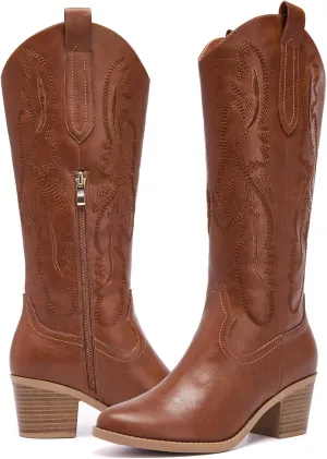 Women's Cowboy Boots Knee High with Side Zipper Wide Calf Cowgirl Boots Comfortable Western Classic Embroidered Pointy Toe Fashion Retro Classic Pull On Tall Boot Fall Winter