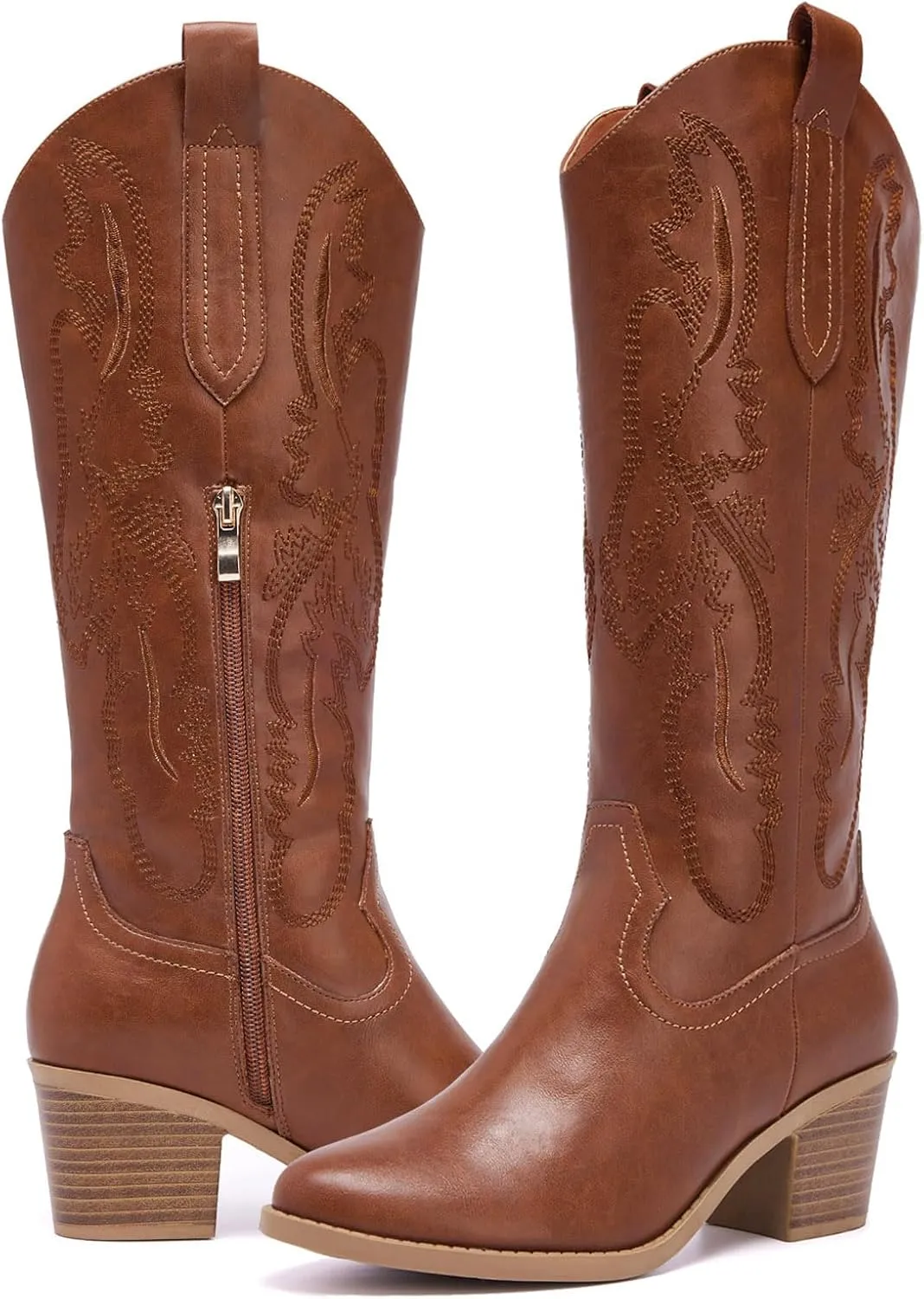 Women's Cowboy Boots Knee High with Side Zipper Wide Calf Cowgirl Boots Comfortable Western Classic Embroidered Pointy Toe Fashion Retro Classic Pull On Tall Boot Fall Winter