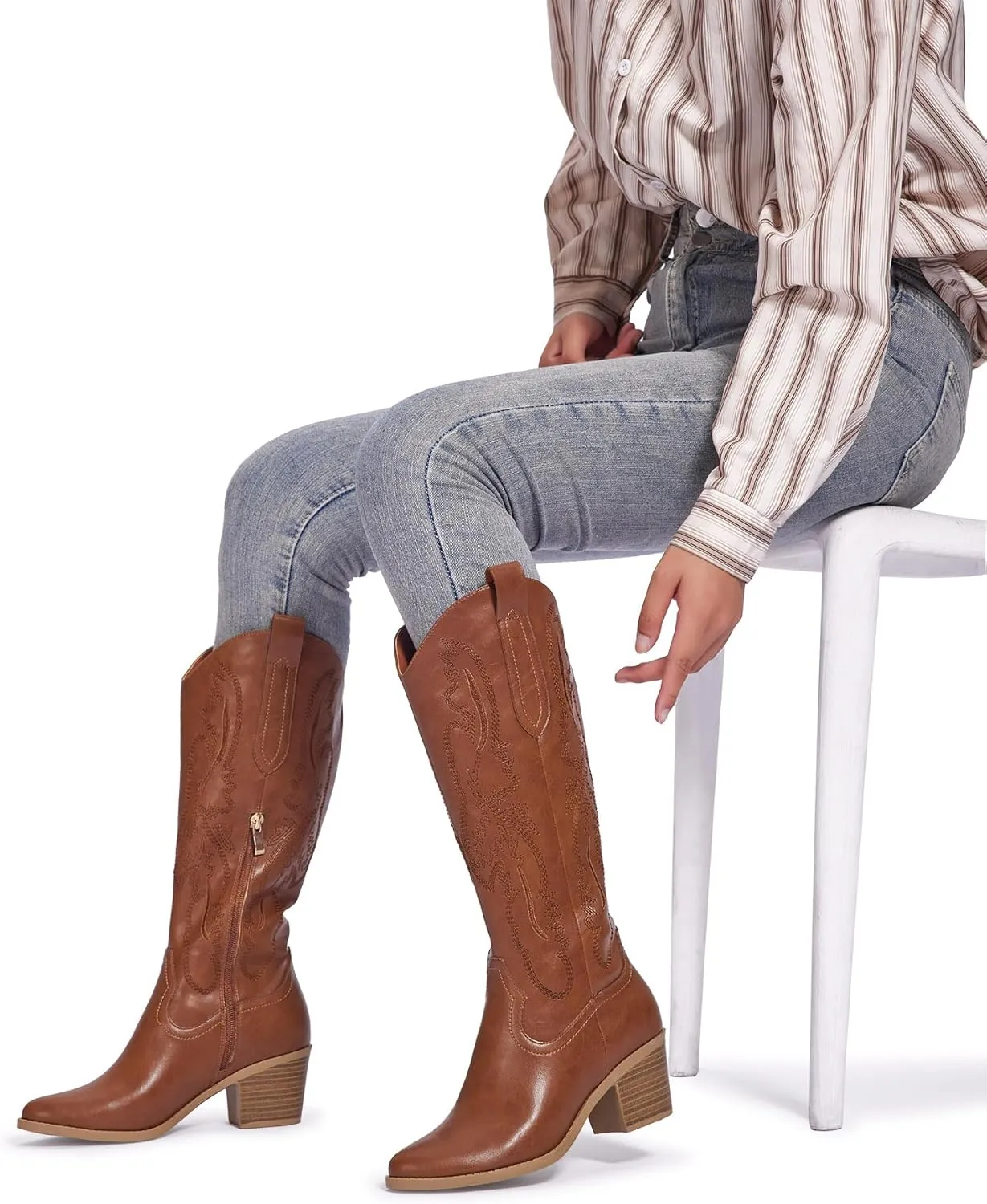Women's Cowboy Boots Knee High with Side Zipper Wide Calf Cowgirl Boots Comfortable Western Classic Embroidered Pointy Toe Fashion Retro Classic Pull On Tall Boot Fall Winter