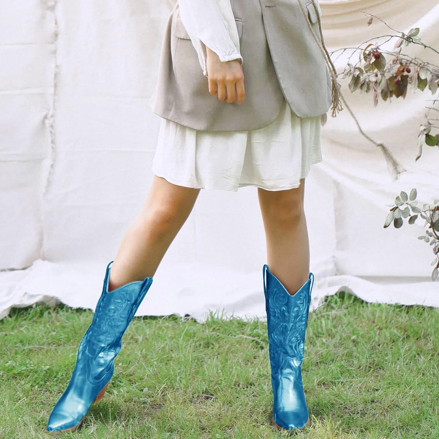 Women's Cowboy Boots Metallic Mid Calf Cowgirl Boots Wide Calf Western Embroidered Sparkly Paty Boots