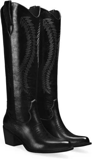 Women's Cowboy Boots Metallic Mid Calf Cowgirl Boots Wide Calf Western Embroidered Sparkly Paty Boots