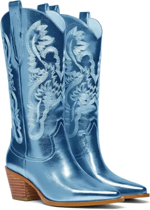Women's Cowboy Boots Metallic Mid Calf Cowgirl Boots Wide Calf Western Embroidered Sparkly Paty Boots