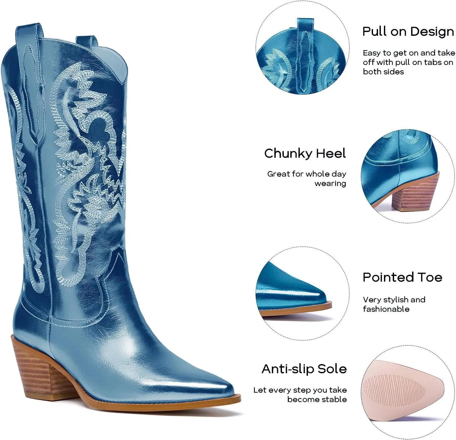 Women's Cowboy Boots Metallic Mid Calf Cowgirl Boots Wide Calf Western Embroidered Sparkly Paty Boots