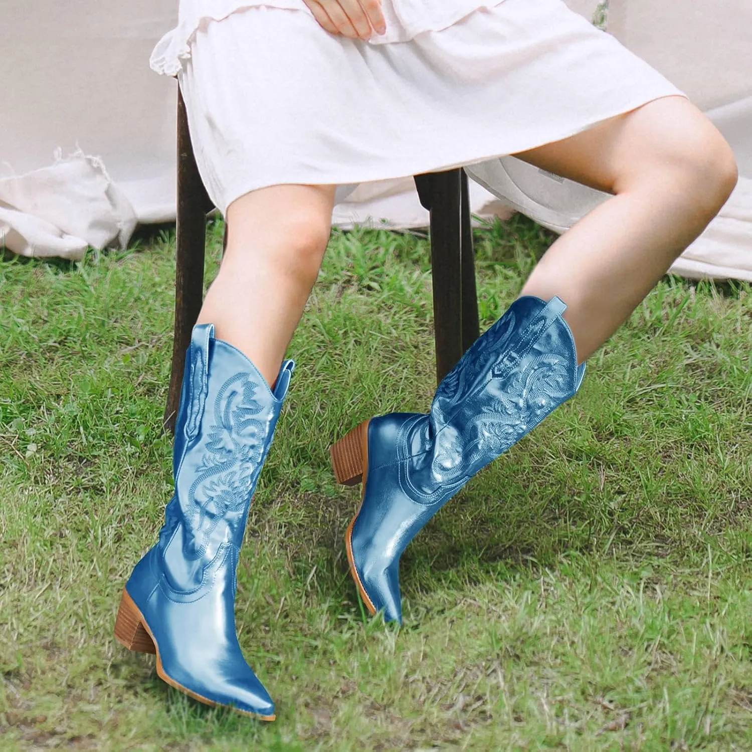 Women's Cowboy Boots Metallic Mid Calf Cowgirl Boots Wide Calf Western Embroidered Sparkly Paty Boots