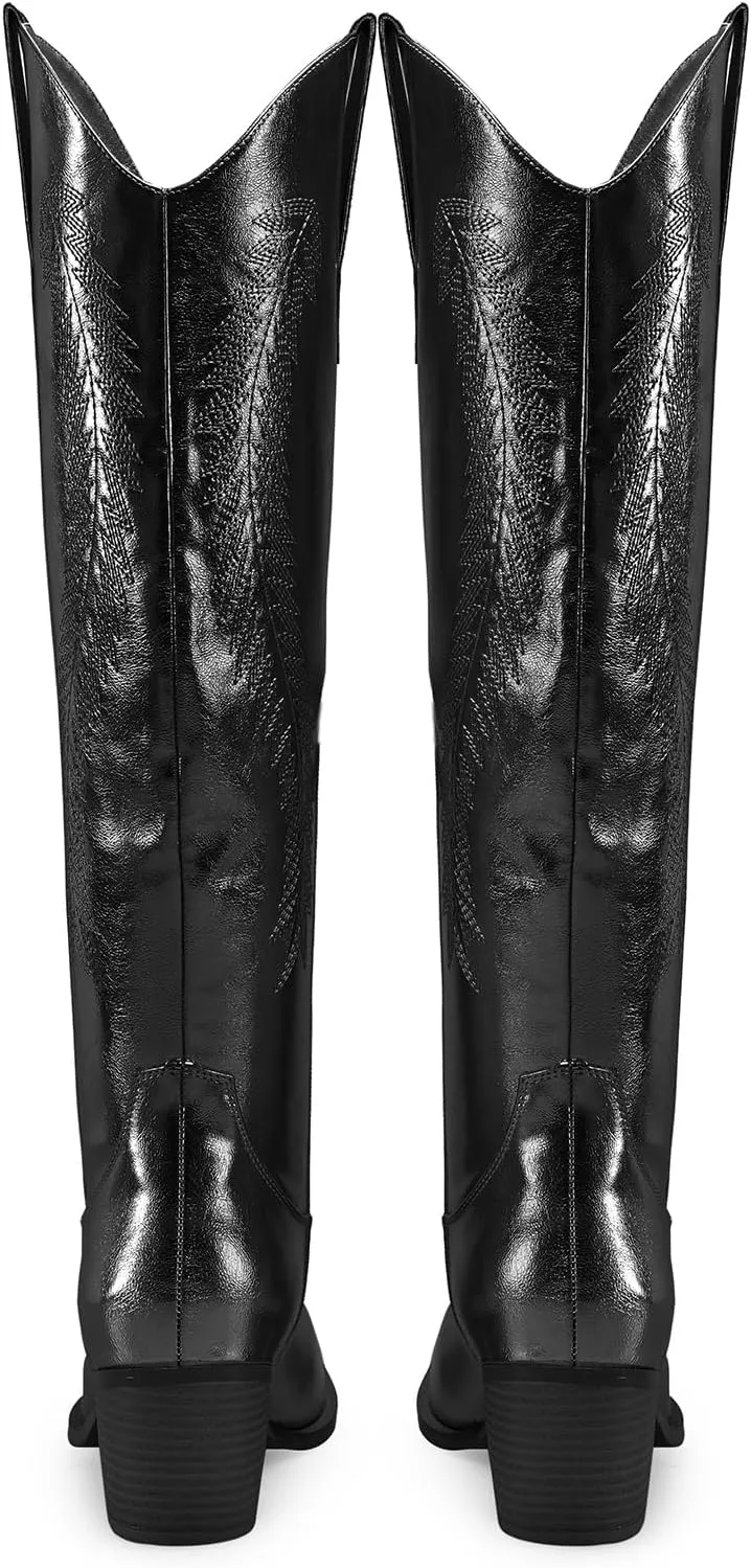 Women's Cowboy Boots Metallic Mid Calf Cowgirl Boots Wide Calf Western Embroidered Sparkly Paty Boots