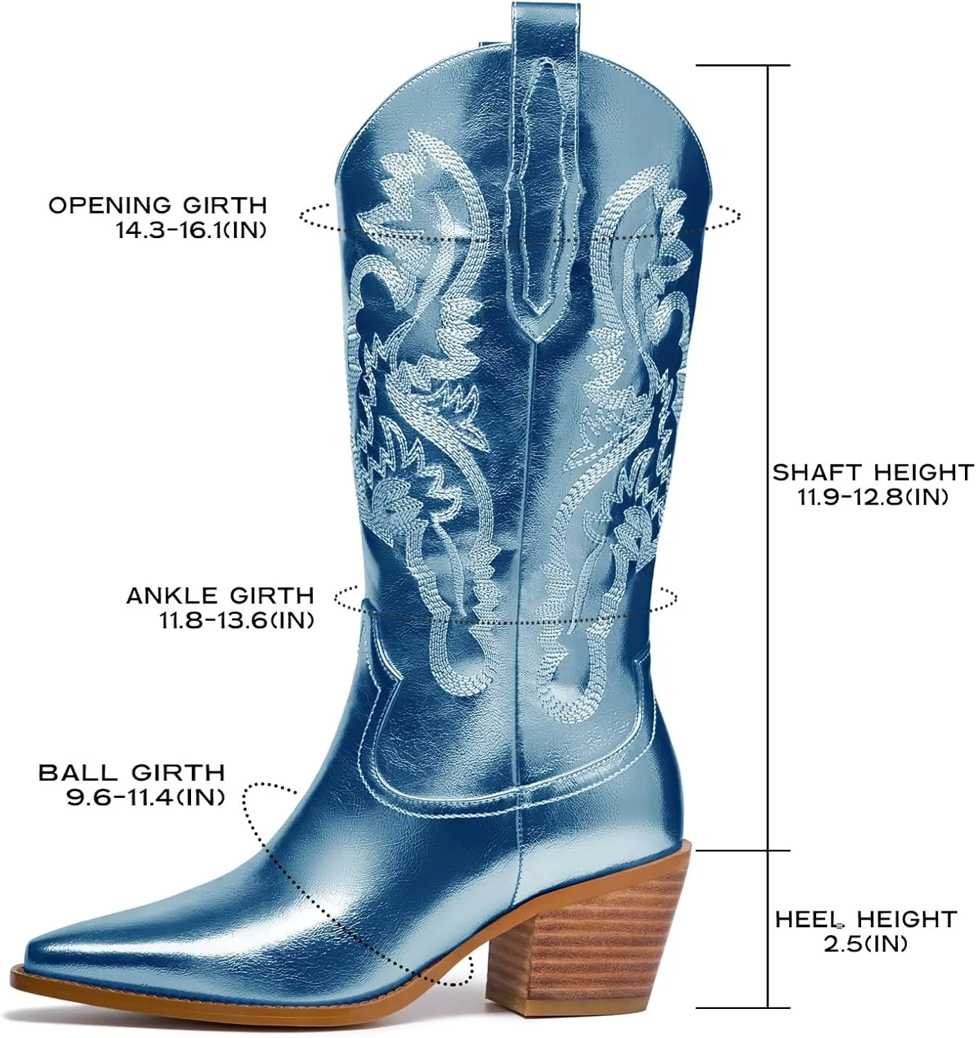 Women's Cowboy Boots Metallic Mid Calf Cowgirl Boots Wide Calf Western Embroidered Sparkly Paty Boots