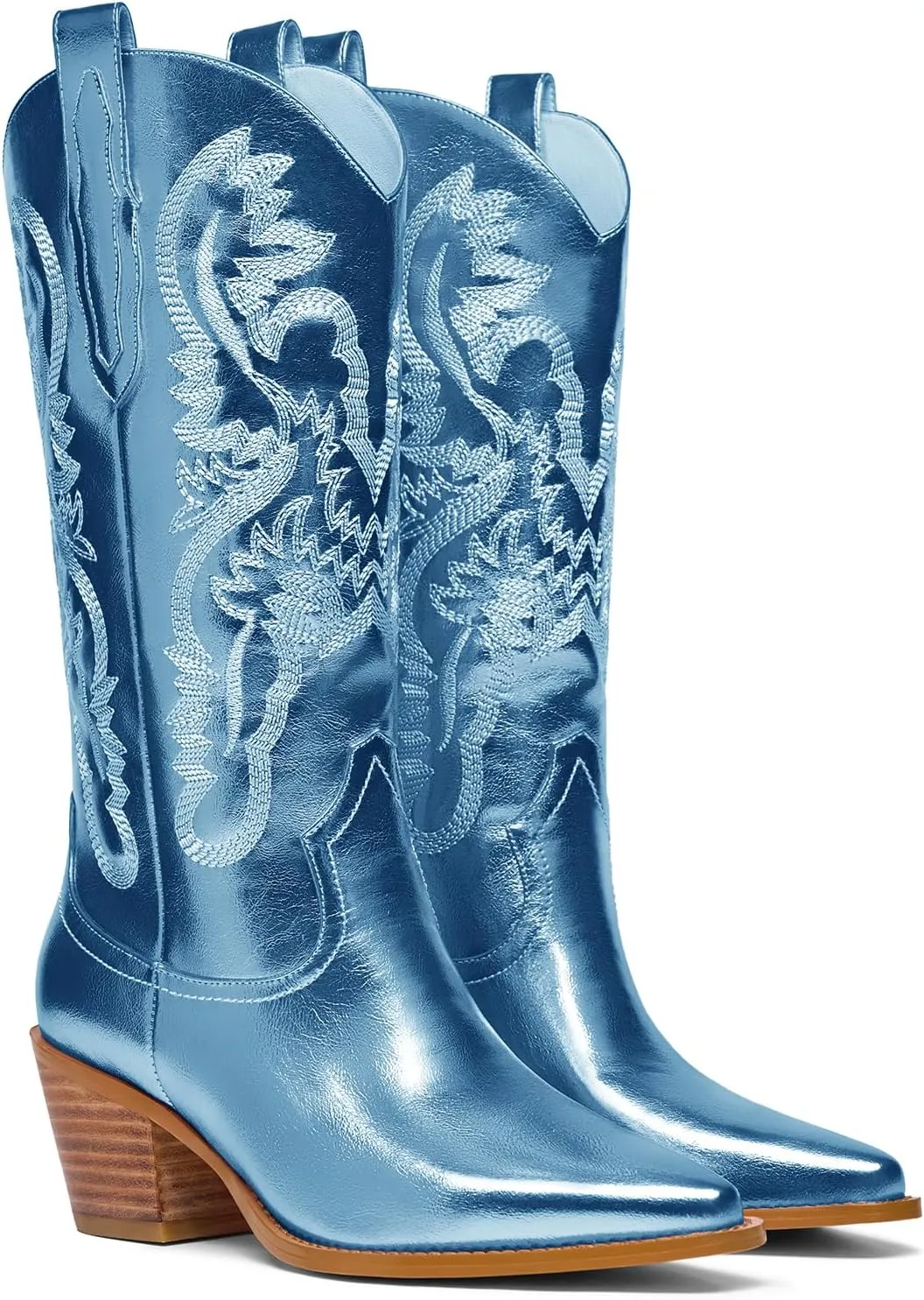 Women's Cowboy Boots Metallic Mid Calf Cowgirl Boots Wide Calf Western Embroidered Sparkly Paty Boots