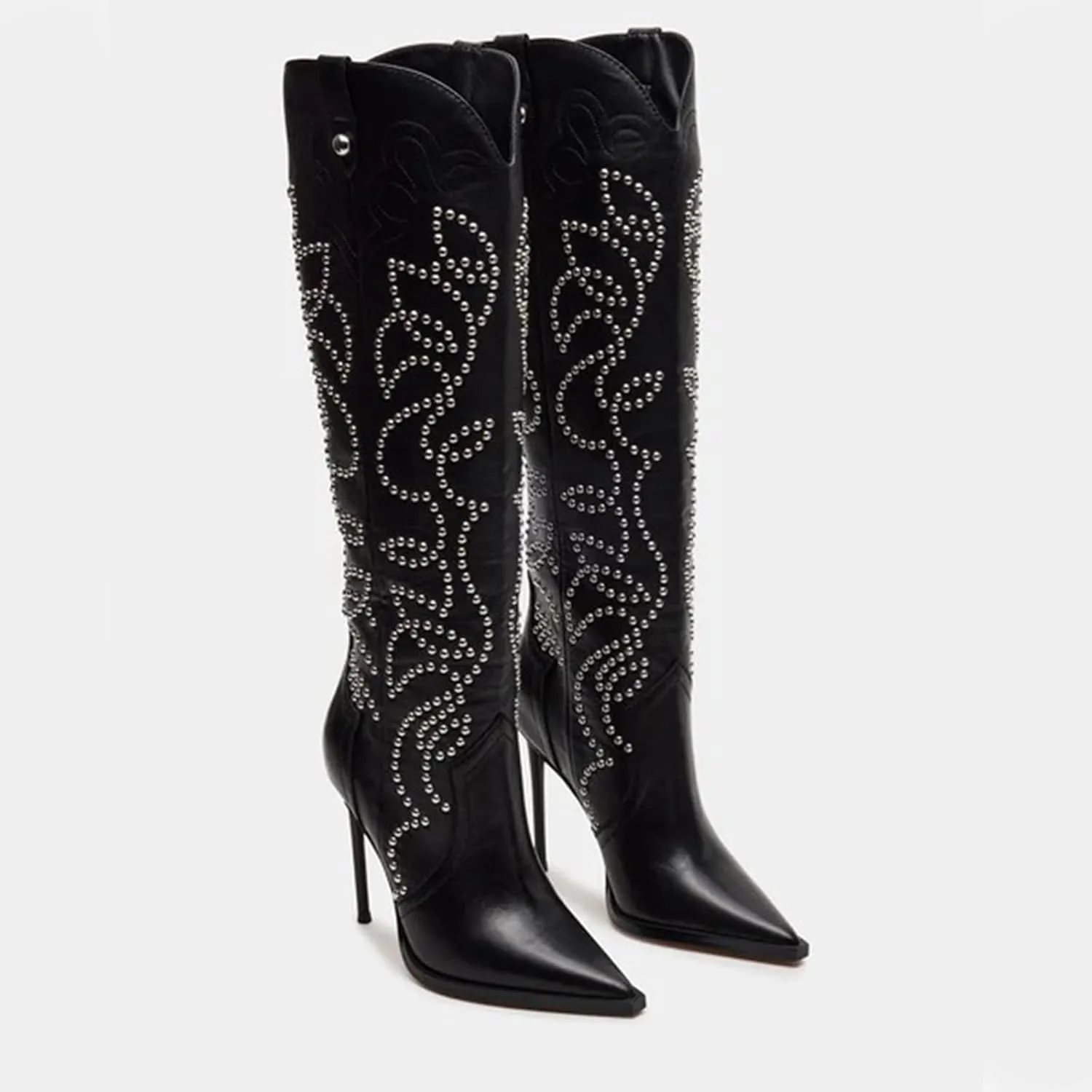 Women's Cowboy Boots Wide Calf Stiletto Knee High Fashion Pointed Toe Side Zipper High Heel Boots