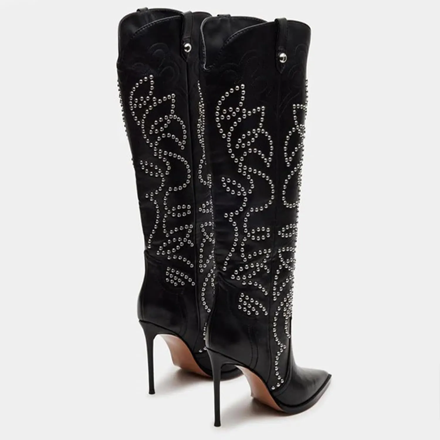 Women's Cowboy Boots Wide Calf Stiletto Knee High Fashion Pointed Toe Side Zipper High Heel Boots