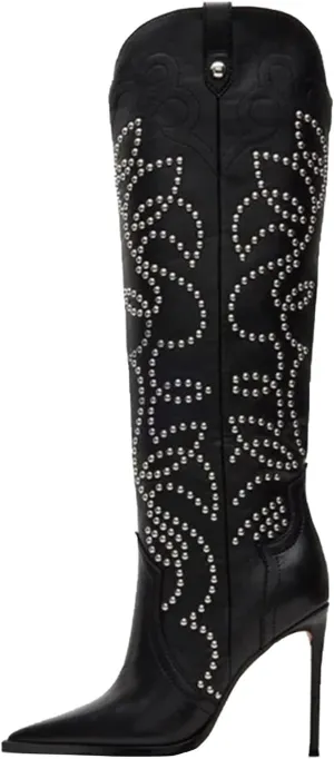 Women's Cowboy Boots Wide Calf Stiletto Knee High Fashion Pointed Toe Side Zipper High Heel Boots
