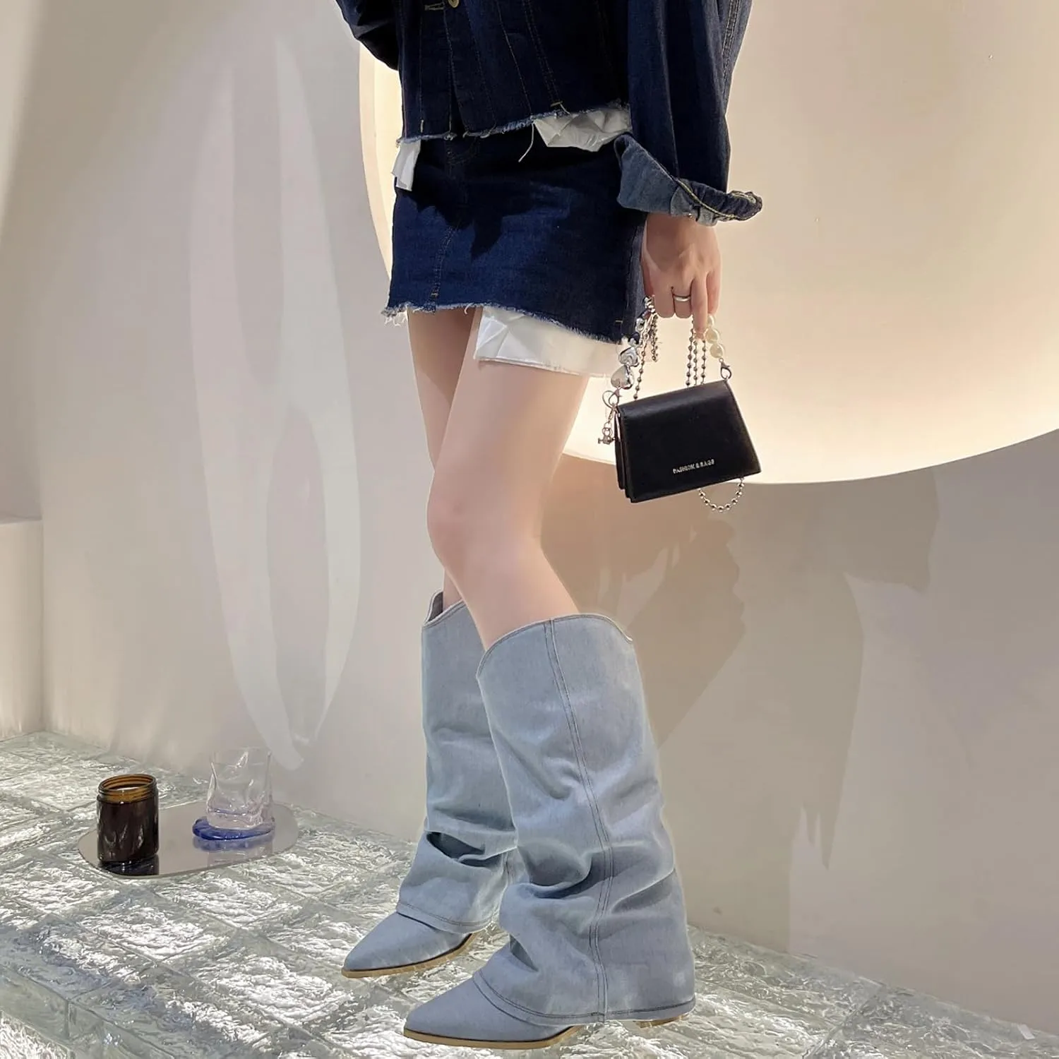Women's Denim Block Heel Fold Over Knee Boots Fashion Pull On low chunky heel Casual Long Boots Y2K Cowgirl Wide-Calf Boots